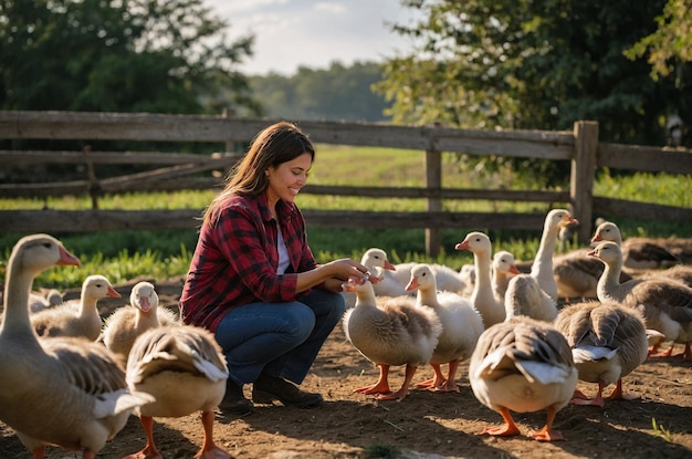 a woman is feeding ducks in front of a wooden fence