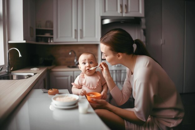 Woman is feeding her infant daughter ai generated