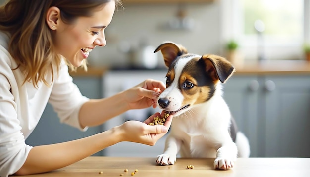 Photo a woman is feeding a puppy with a spoon of food