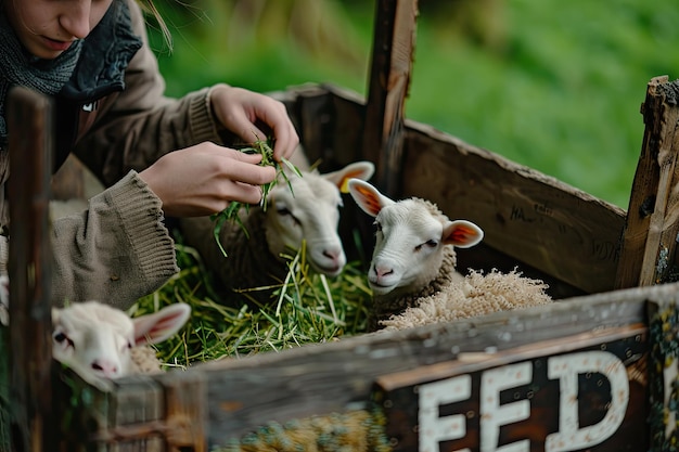 Photo a woman is feeding some sheep with green grass in front of a wooden box with a sign that says feed