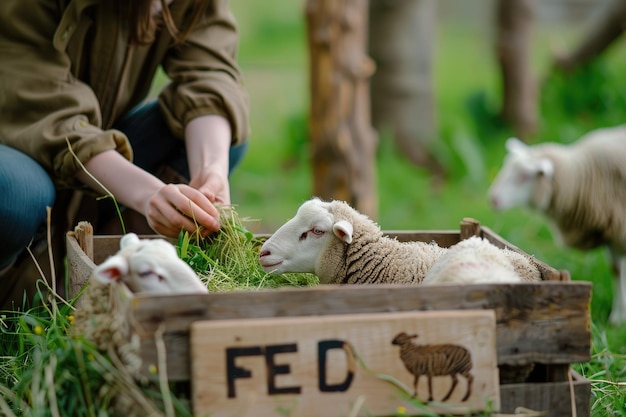 Photo a woman is feeding some sheep with green grass in front of a wooden box with a sign that says feed