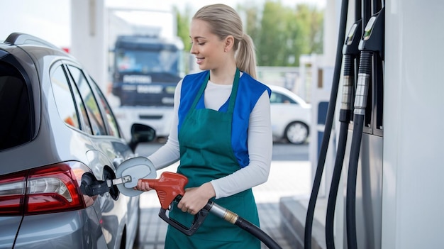 Photo a woman is filling up a gas pump with a blue apron