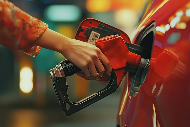 a woman is filling up her gas pump with a red and black design