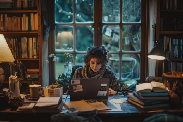 Photo a woman is focused on work at home surrounded by a cozy environment with a laptop and books aig58