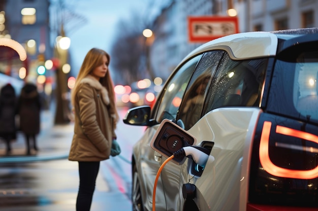 a woman is getting a car plugged into a red electric cord