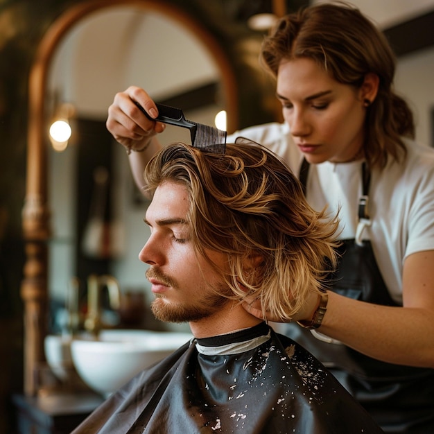 Photo a woman is getting a haircut by a man