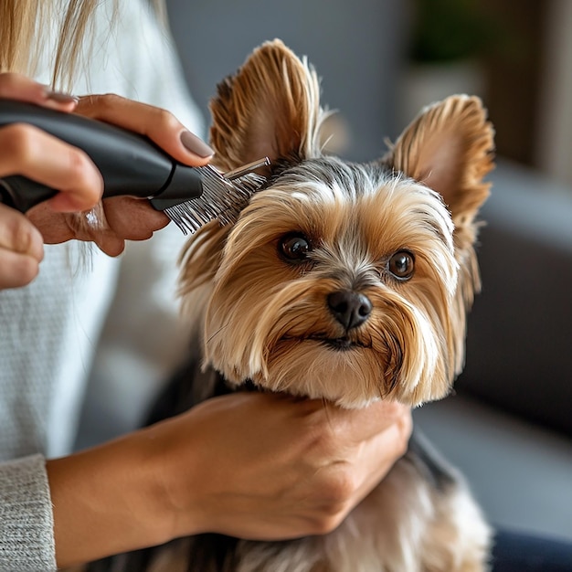 a woman is getting her hair cut by a dog