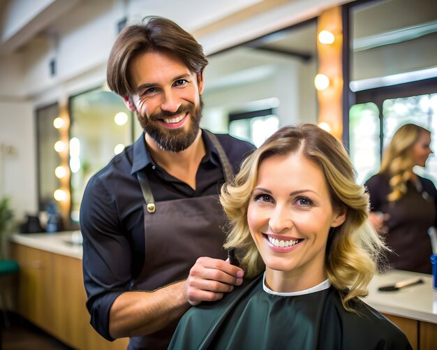 a woman is getting her hair cut by a man