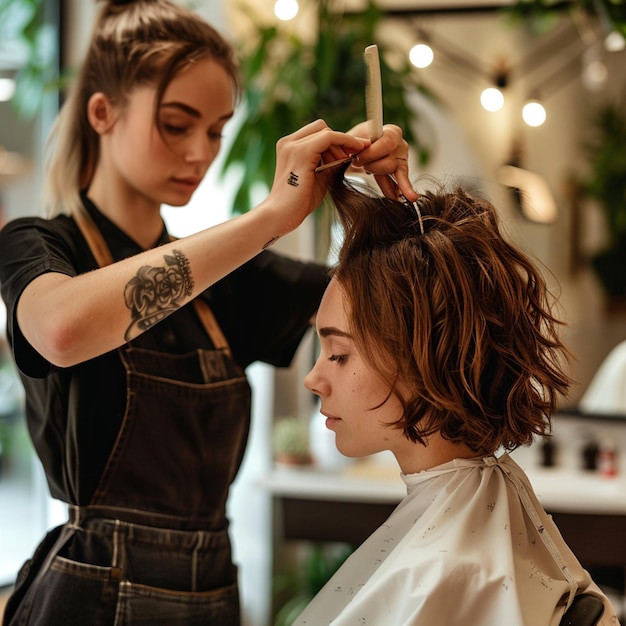 Photo a woman is getting her hair done by a hairdresser