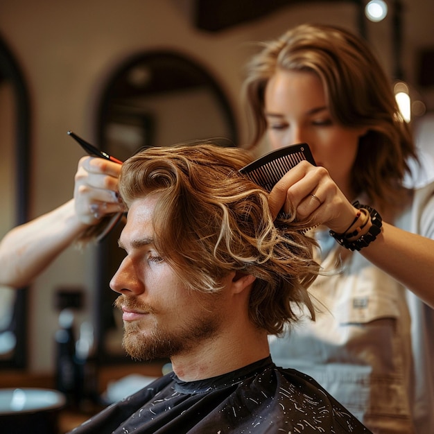 Photo a woman is getting her hair done by a hairdresser