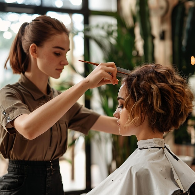 Photo a woman is getting her hair done by a hairdresser