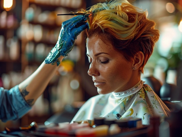 Photo a woman is getting her hair done by a hairdresser