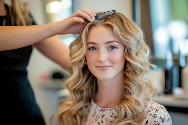 a woman is getting her hair done by a hairdresser