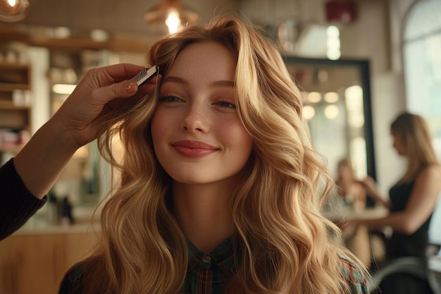 a woman is getting her hair done by a hairdresser