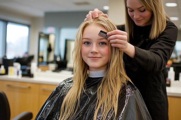 a woman is getting her hair done by a hairdresser