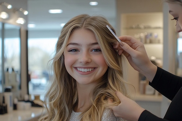 a woman is getting her hair done by a hairdresser