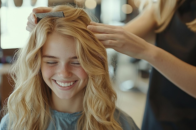 Photo a woman is getting her hair done by a hairdresser