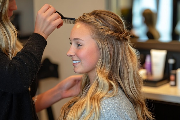 Photo a woman is getting her hair done by a hairdresser