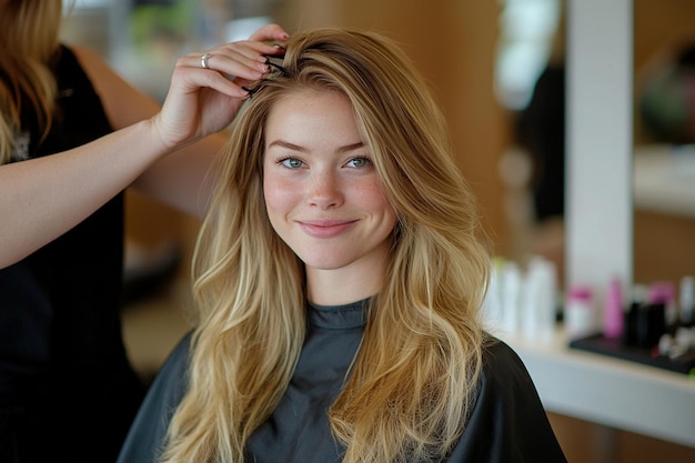 a woman is getting her hair done by a hairdresser