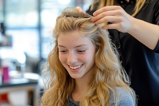 a woman is getting her hair done by a hairdresser