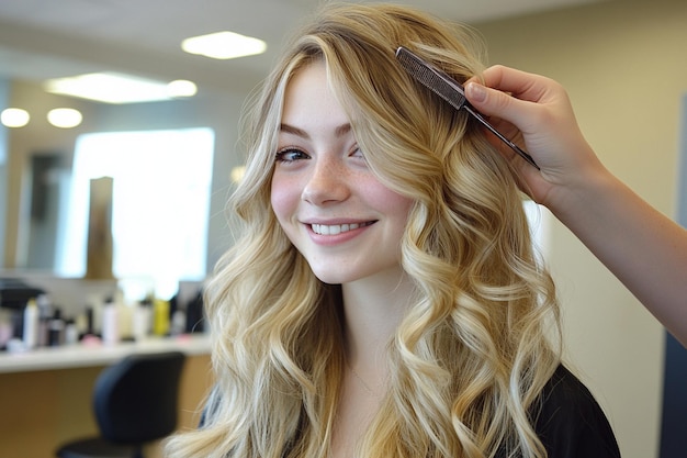 a woman is getting her hair done by a hairdresser