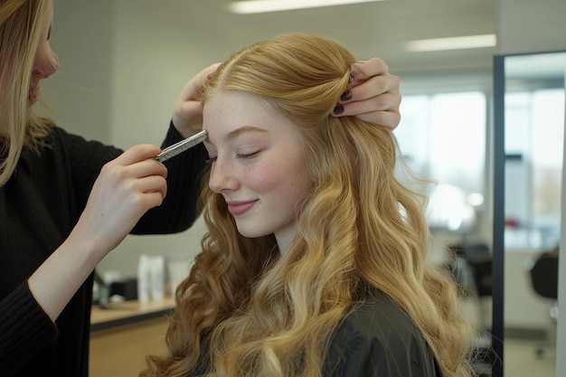 a woman is getting her hair done by a hairdresser