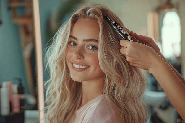 a woman is getting her hair done by a hairdresser