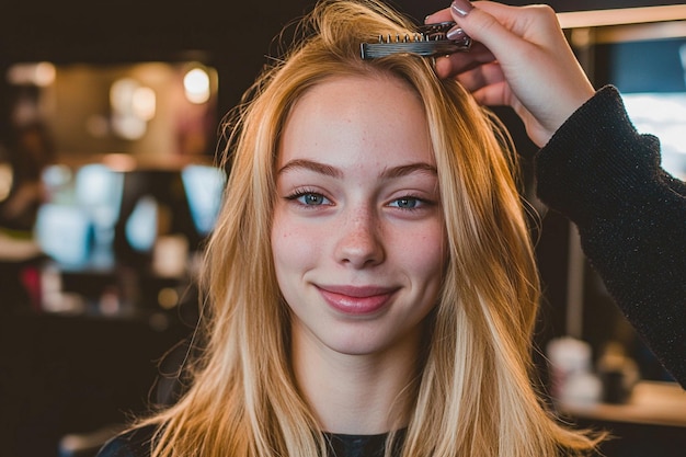 a woman is getting her hair done by a hairdresser