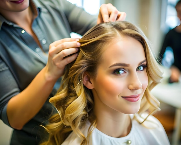 a woman is getting her hair done by a hairdresser