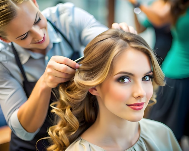 a woman is getting her hair done by a hairdresser