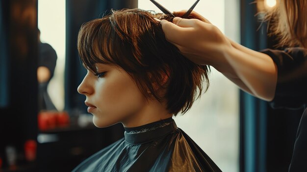 Photo a woman is getting her hair styled at a salon