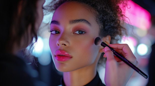 Photo a woman is getting her makeup done by a man