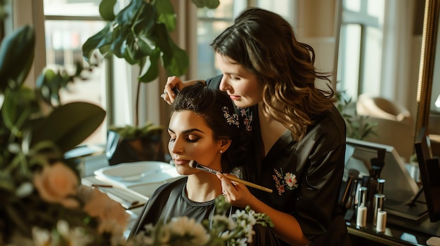 A woman is getting her makeup done at a salon