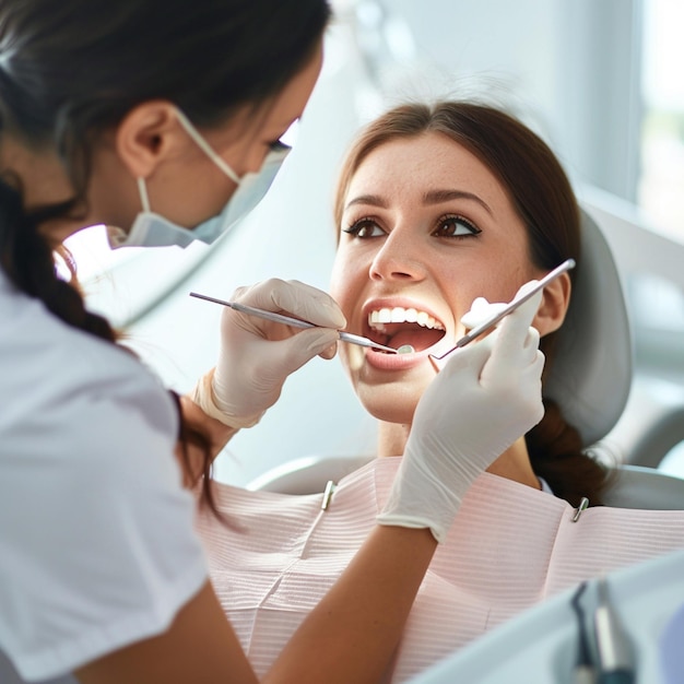 a woman is getting her teeth done by a dentist