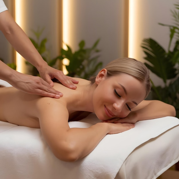 a woman is getting a massage with a man in the background