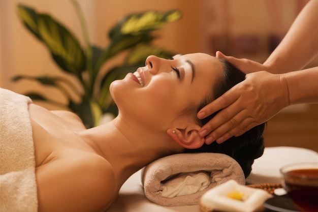 Photo a woman is getting a massage with a towel on her head