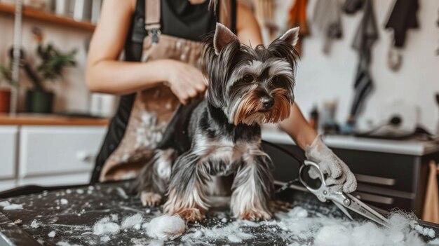 Photo a woman is grooming a dog in a kitchen