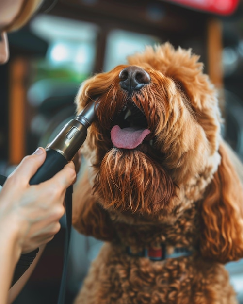 Photo a woman is grooming a dog with a blow dryer