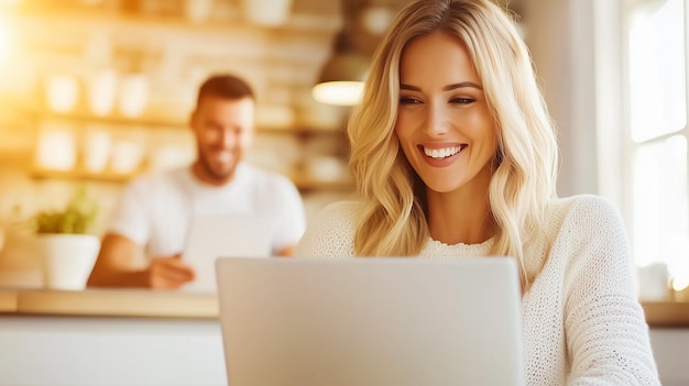 Woman is happily engaged with her laptop in bright room showcasing her joy A man is seated nearby both enjoying a productive daytime atmosphere