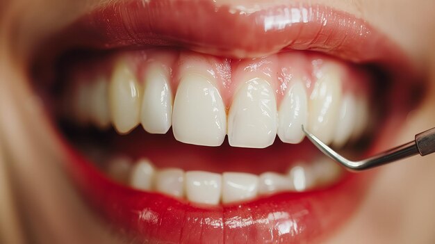 A woman is having her mouth examined by a dentist