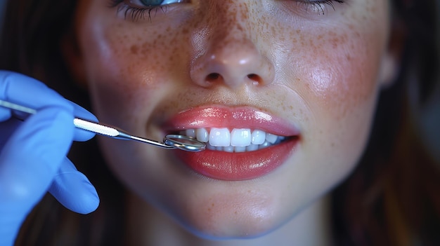 A woman is having her teeth examined at the dentist