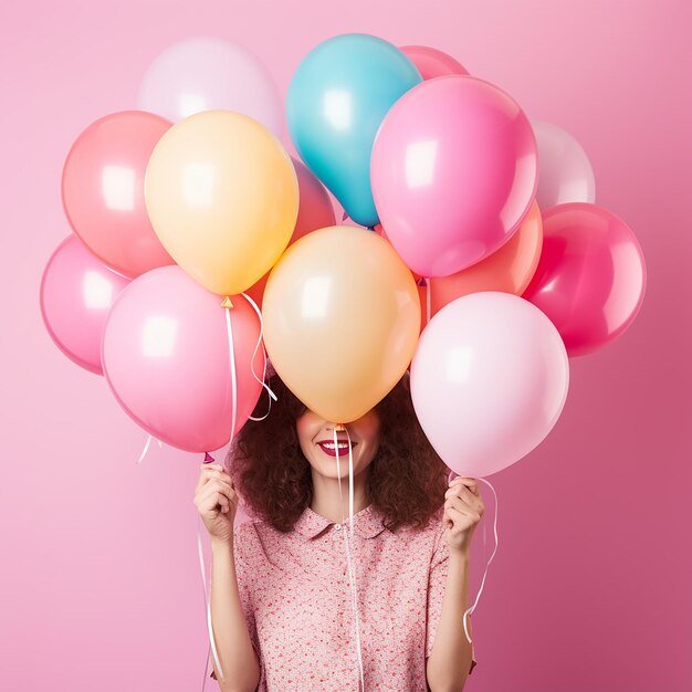 Woman is hides her head an air colorful balloons having fun over pink background