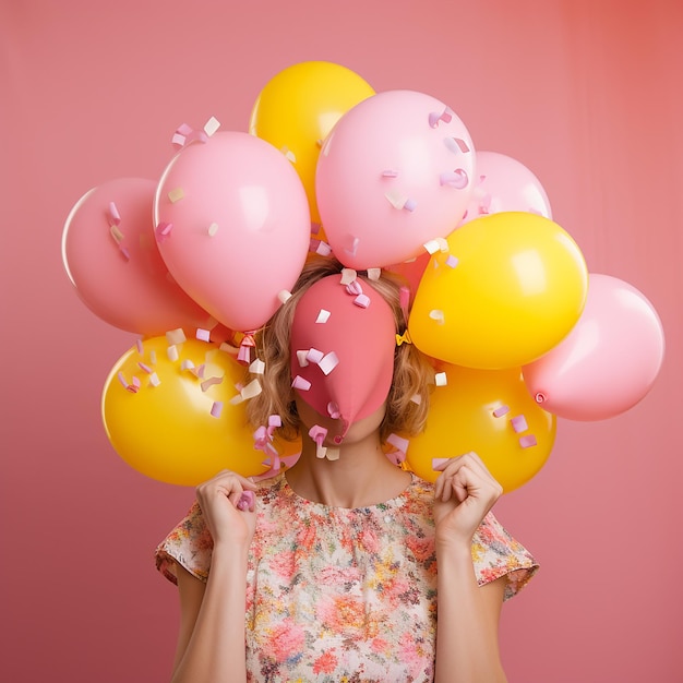 Woman is hides her head an air colorful balloons having fun over pink background