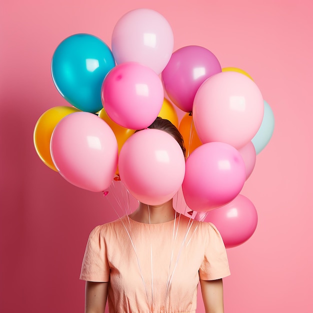 Woman is hides her head an air colorful balloons having fun over pink background