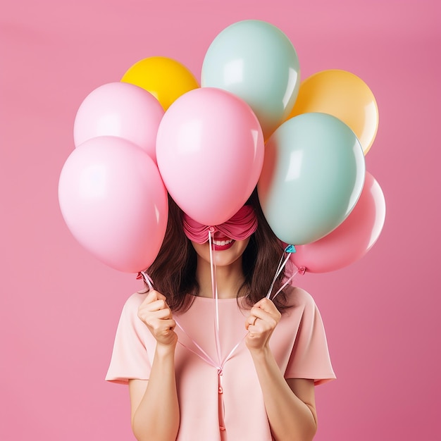 Woman is hides her head an air colorful balloons having fun over pink background