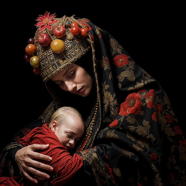 Photo a woman is holding a baby and a baby is wearing a red cloth