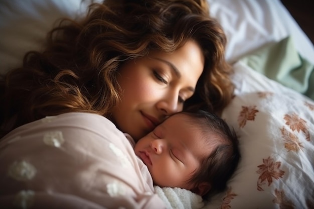 A woman is holding a baby and the words " baby " on the pillow.