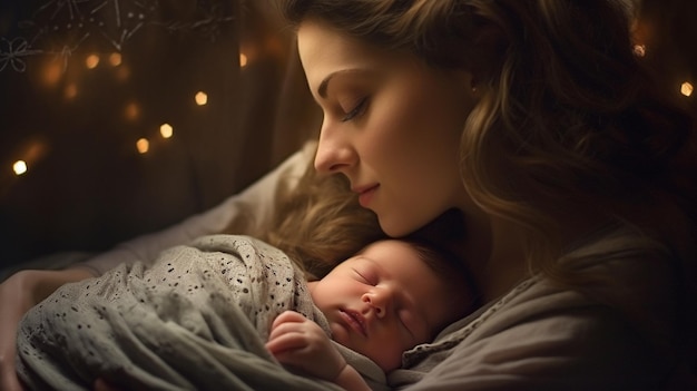 A woman is holding a baby and the words " baby " on the screen.