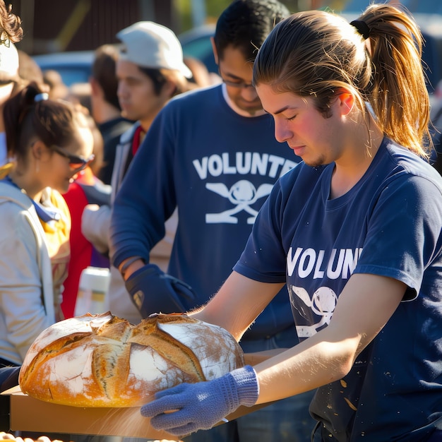 Photo a woman is holding a bag of bread with the word  t - shirts  on it