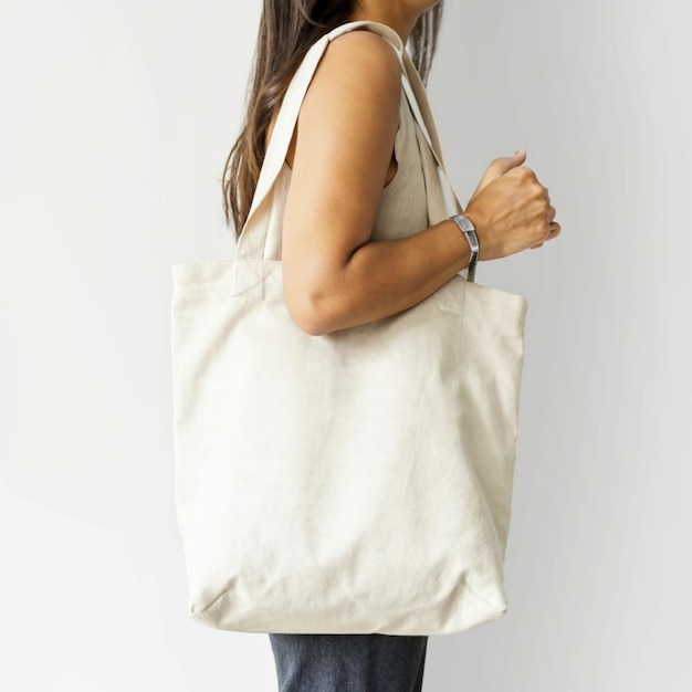 Woman is holding bag canvas fabric for mockup blank template